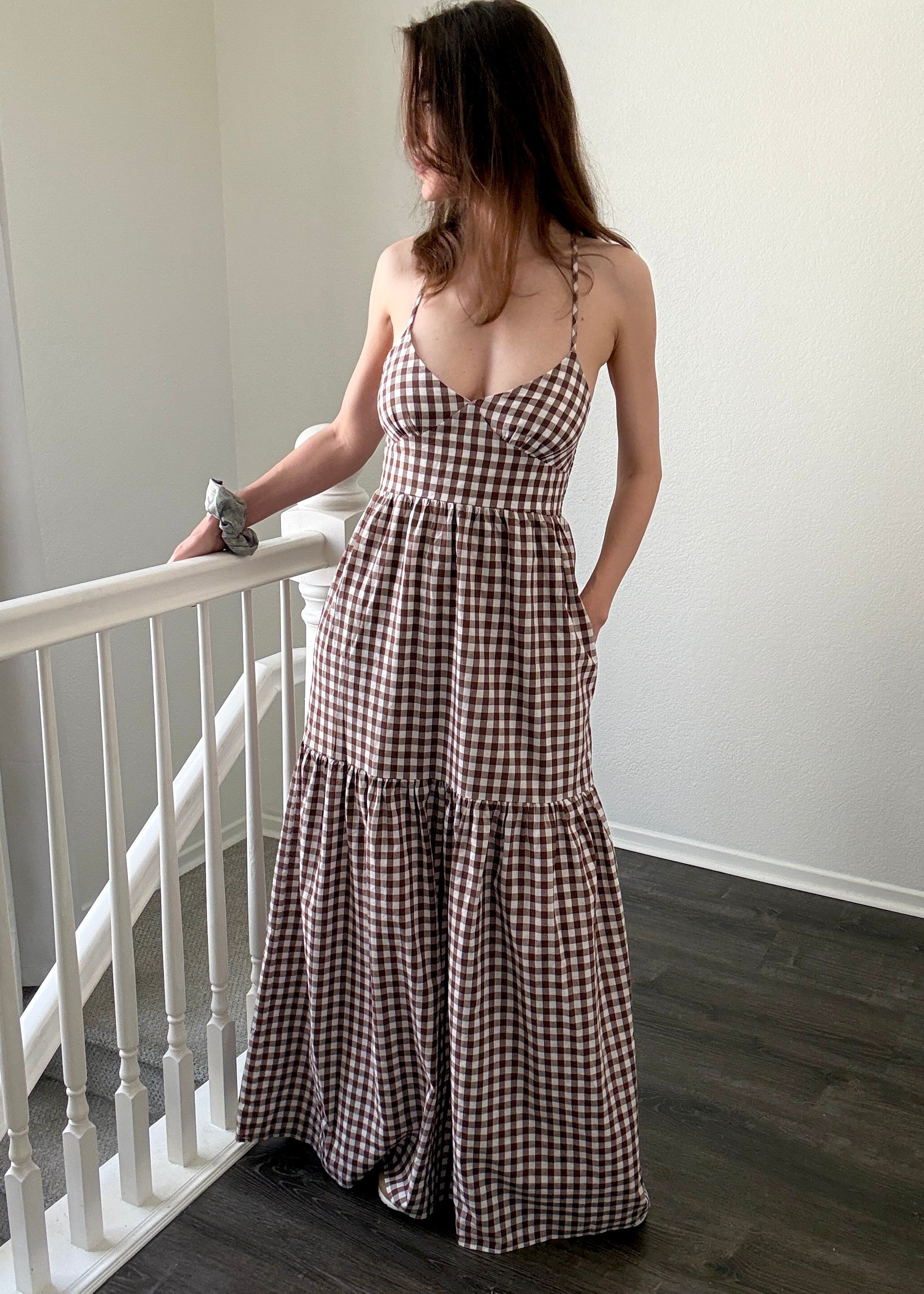 Paloma gingham maxi dress in brown, front view with flowy silhouette and adjustable straps