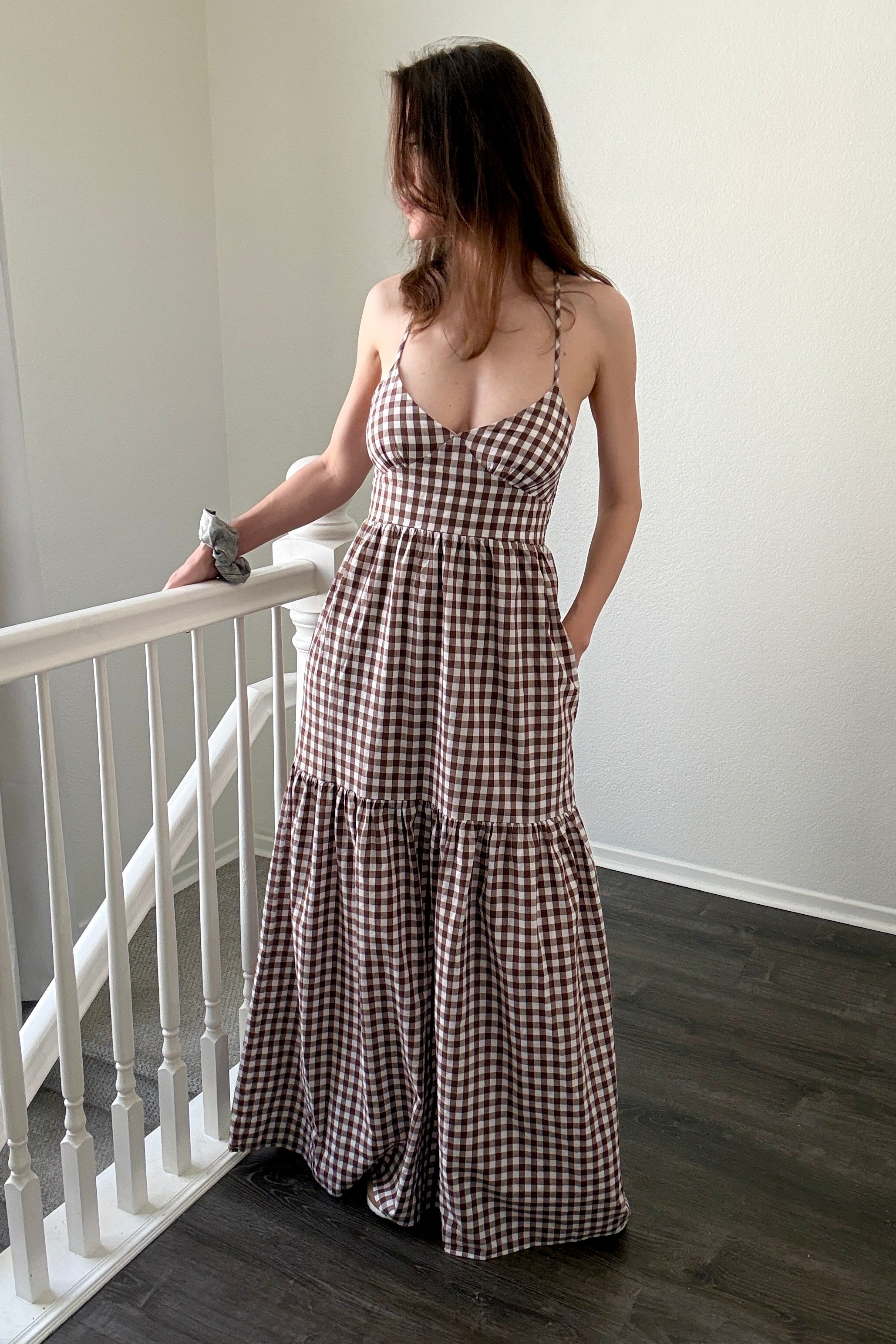 Paloma gingham maxi dress in brown, front view with flowy silhouette and adjustable straps