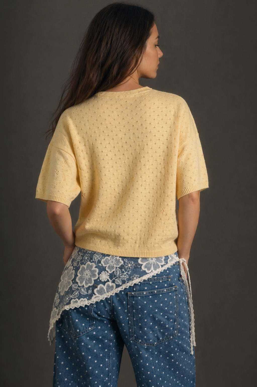 Light yellow pointelle cotton cardigan back view women’s summer cardigan showing knit texture and relaxed fit