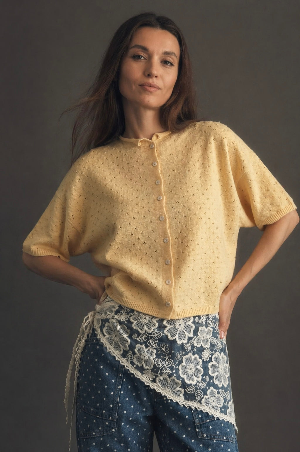 Light yellow pointelle cotton cardigan button down front view women’s summer cardigan styled with denim and lace details