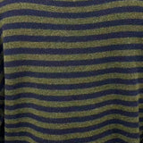 Close-up of olive and navy striped Piper Pullover Sweater showing soft knit and rolled finishes
