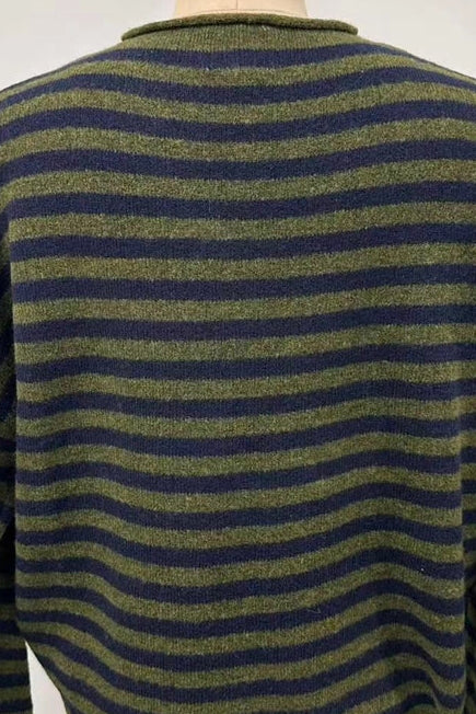 Close-up of olive and navy striped Piper Pullover Sweater showing soft knit and rolled finishes