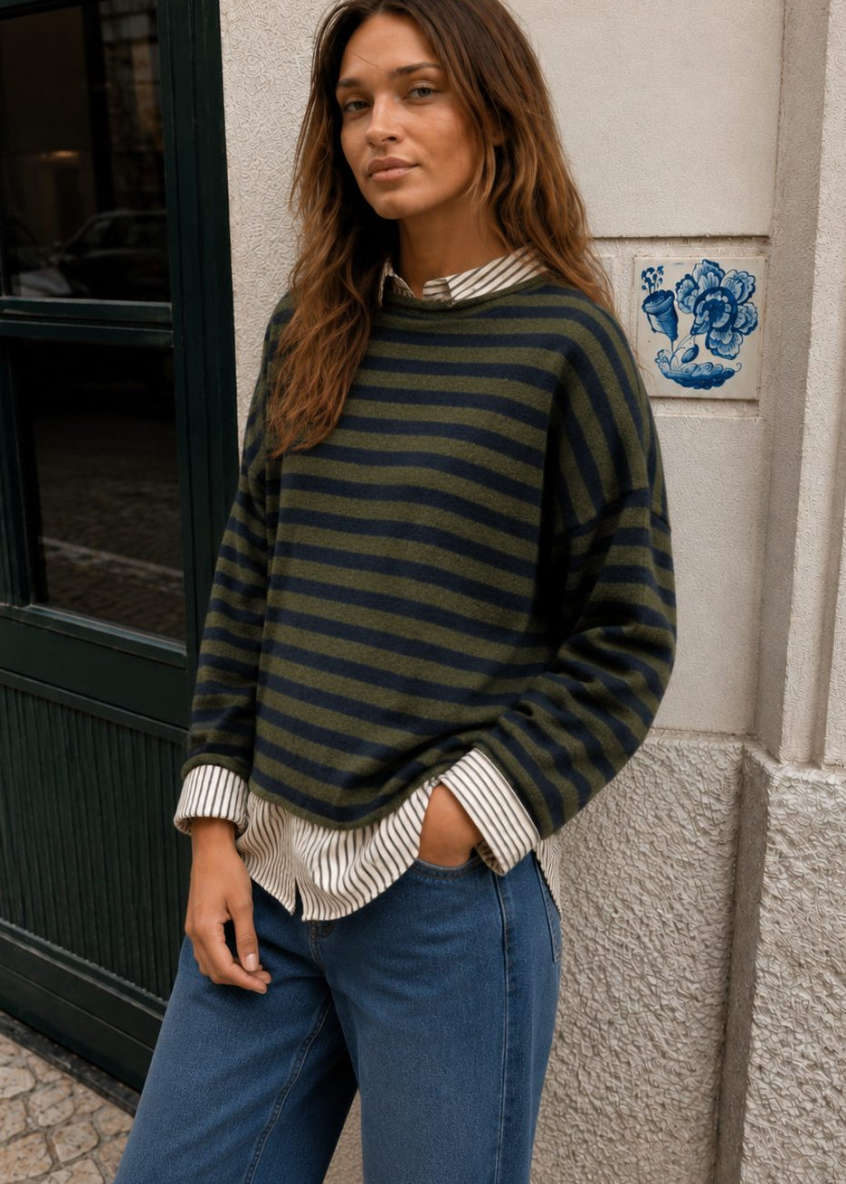 Women’s olive and navy striped Piper Pullover Sweater with oversized relaxed fit