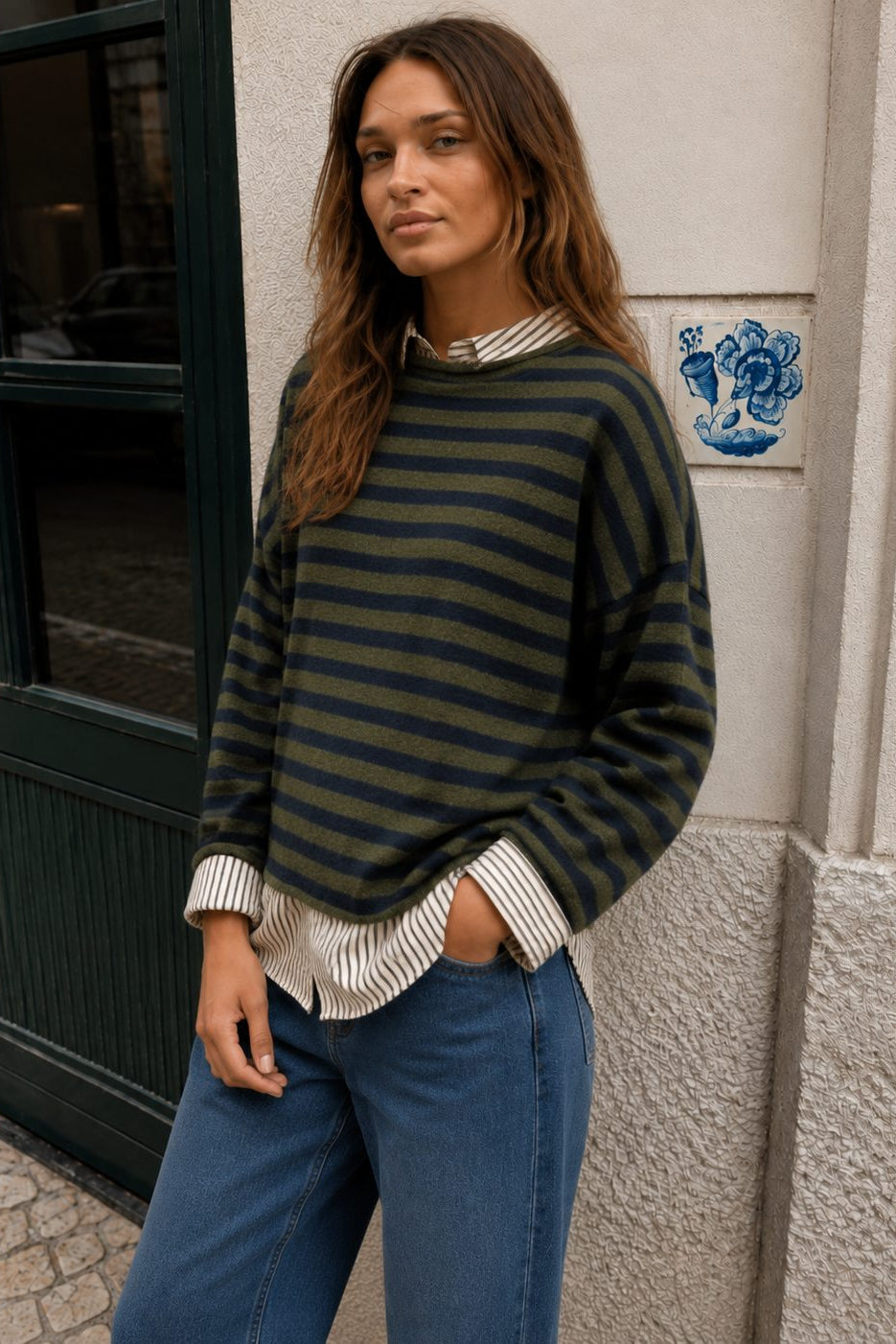 Women’s olive and navy striped Piper Pullover Sweater with oversized relaxed fit