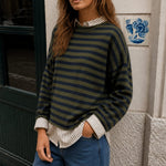 Women’s olive and navy striped Piper Pullover Sweater with oversized relaxed fit