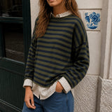 Women’s olive and navy striped Piper Pullover Sweater with oversized relaxed fit