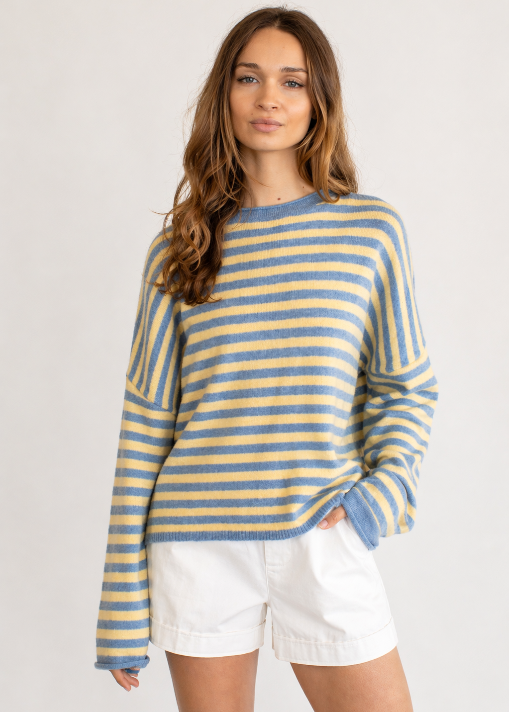 Piper Pullover Sweater in striped butter front view with oversized fit and rolled knit finish