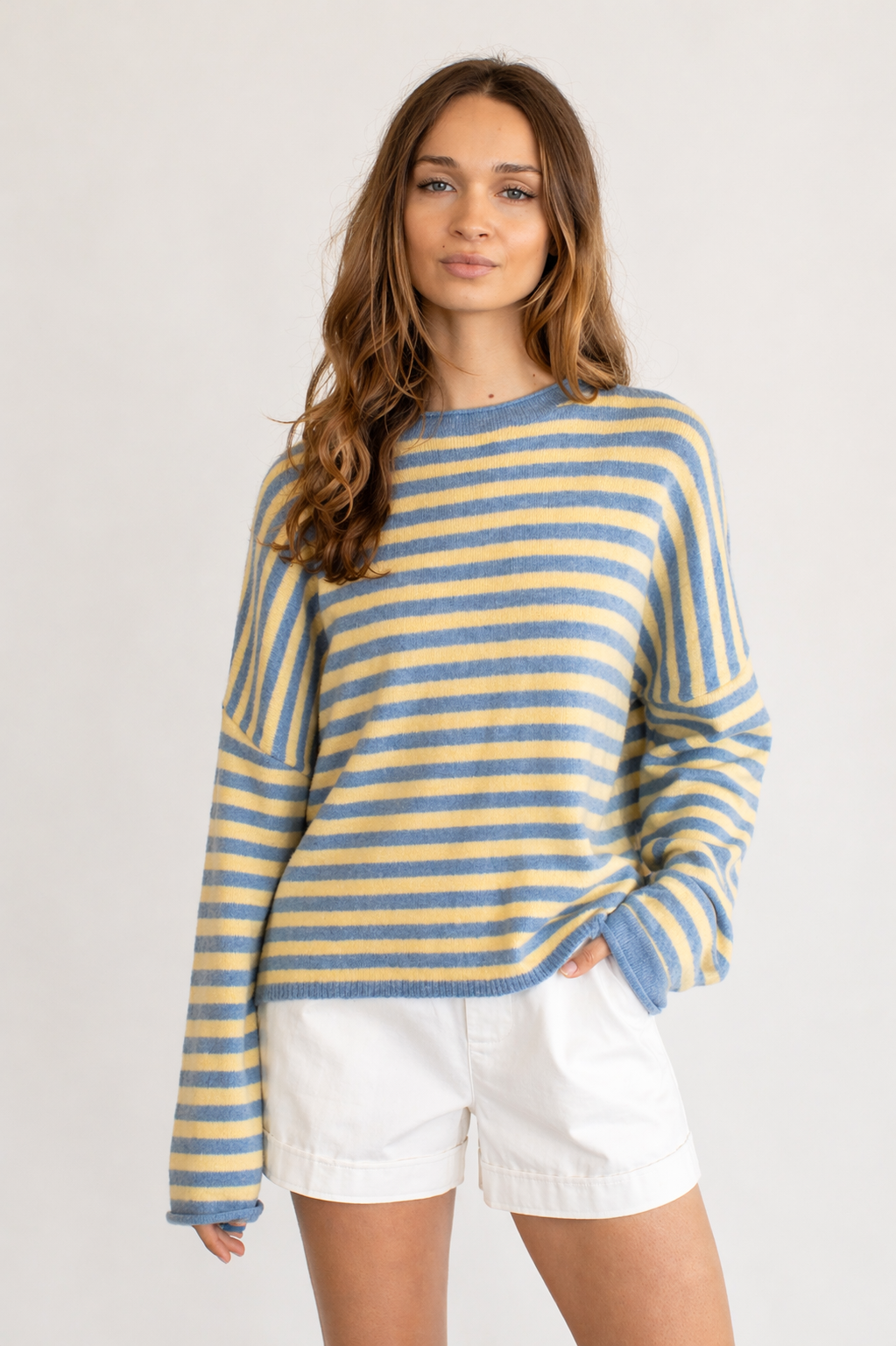 Piper Pullover Sweater in striped butter front view with oversized fit and rolled knit finish