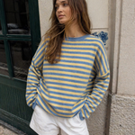 Piper Pullover Sweater in striped butter lifestyle outfit showing oversized striped knit style