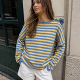 Piper Pullover Sweater in striped butter lifestyle outfit showing oversized striped knit style