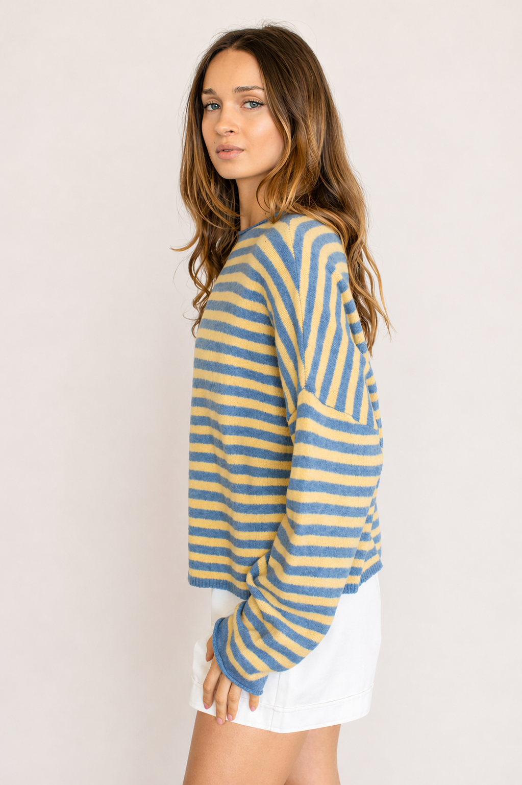Piper Pullover Sweater in striped butter side view showing soft lightweight knit and relaxed fit