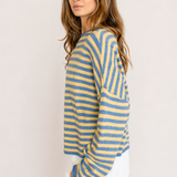 Piper Pullover Sweater in striped butter side view showing soft lightweight knit and relaxed fit