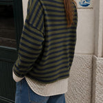 Back view of olive and navy striped Piper Pullover Sweater with lightweight relaxed knit