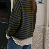 Back view of olive and navy striped Piper Pullover Sweater with lightweight relaxed knit