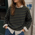 Piper Pullover Sweater in olive and navy stripes, relaxed lightweight knit front view