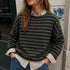 Piper Pullover Sweater in olive and navy stripes, relaxed lightweight knit front view