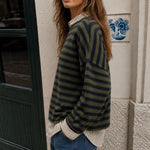 Side view of Piper Pullover Sweater in olive and navy stripe with relaxed fit