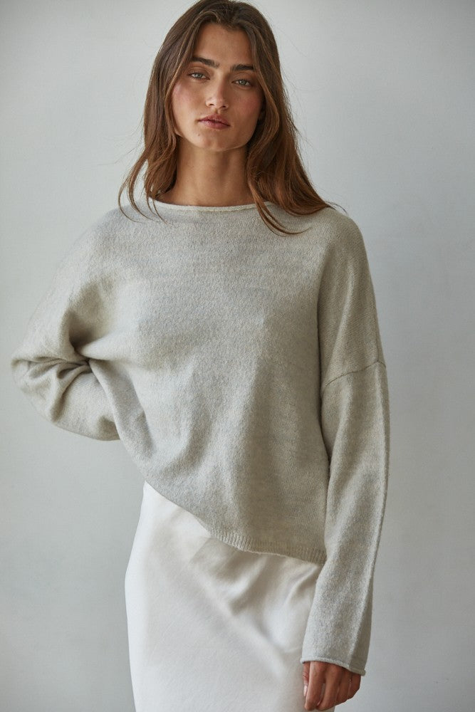 Piper soft knit crew sweater in heather grey, front view