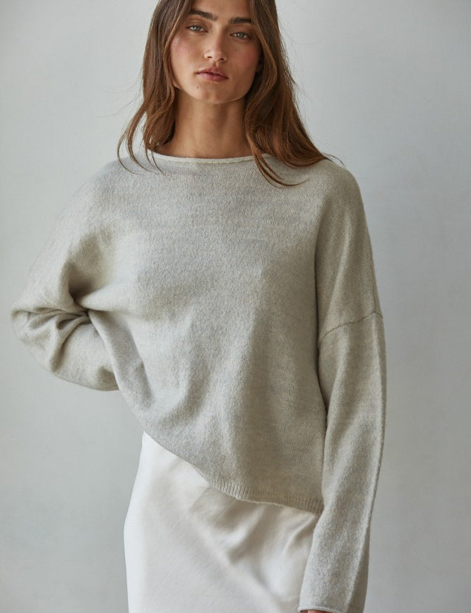 Piper soft knit crew sweater in heather grey, front view
