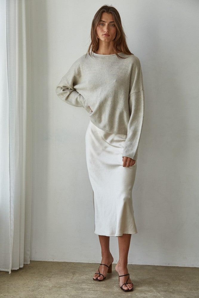 Piper soft knit crew sweater in heather grey styled with denim