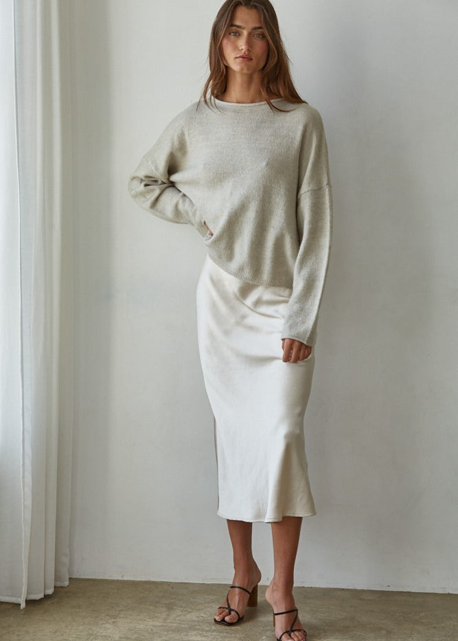 Piper soft knit crew sweater in heather grey styled with denim