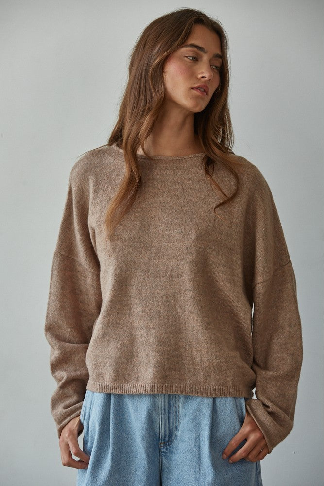 Piper soft knit crew sweater in mocha, front view