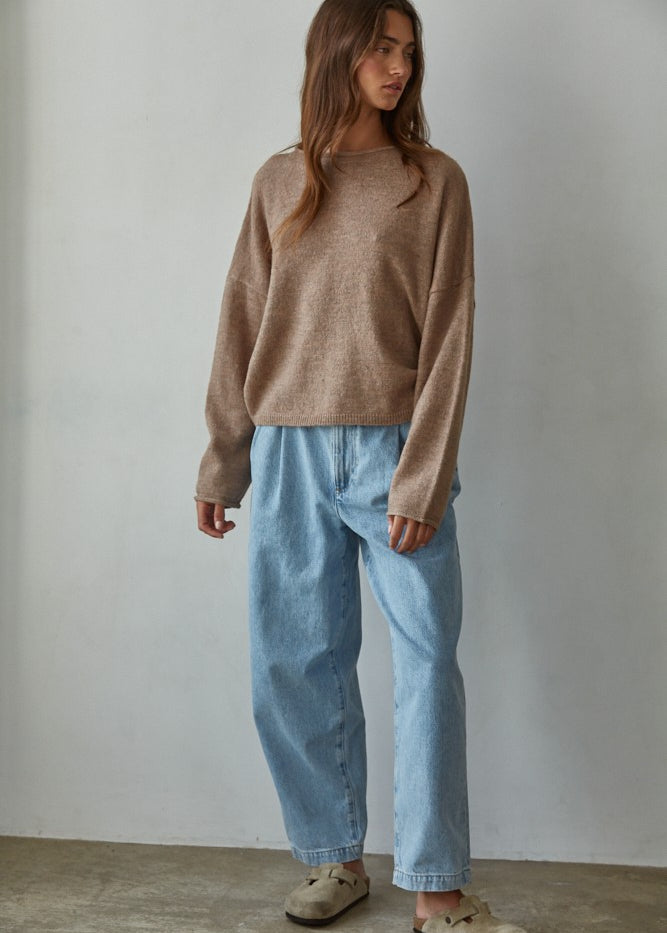 Piper soft knit crew sweater in mocha styled with a skirt