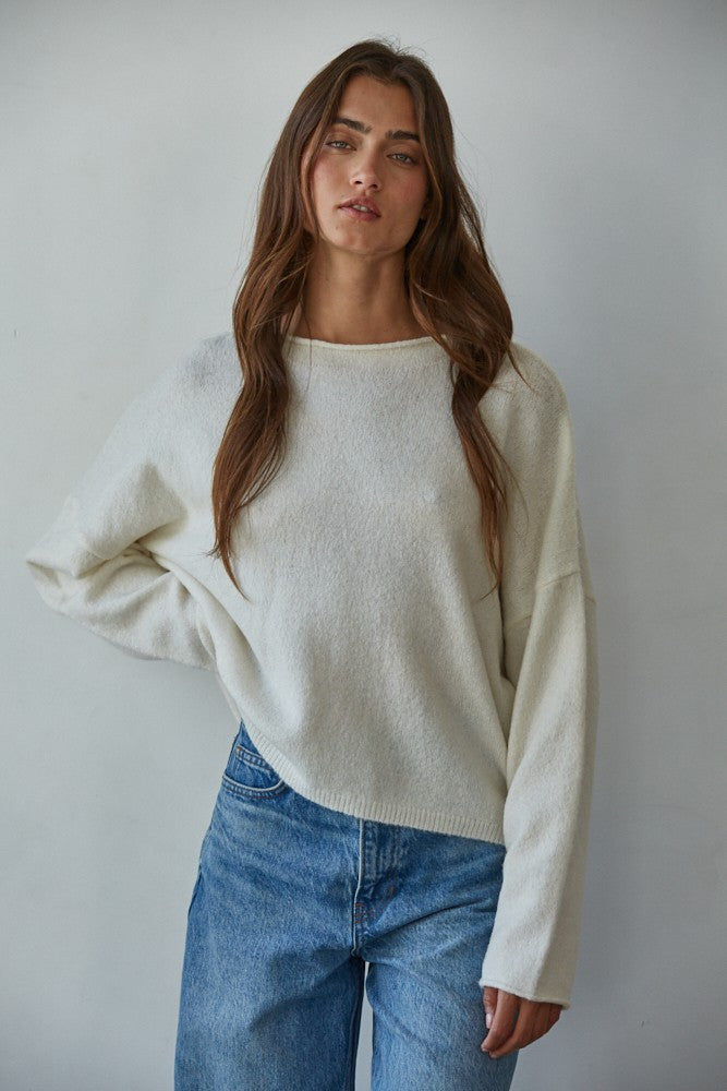 Piper soft knit crew sweater in off white, front view