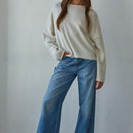 Piper soft knit crew sweater in off white styled in a full outfit, front view