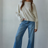 Piper soft knit crew sweater in off white styled in a full outfit, front view