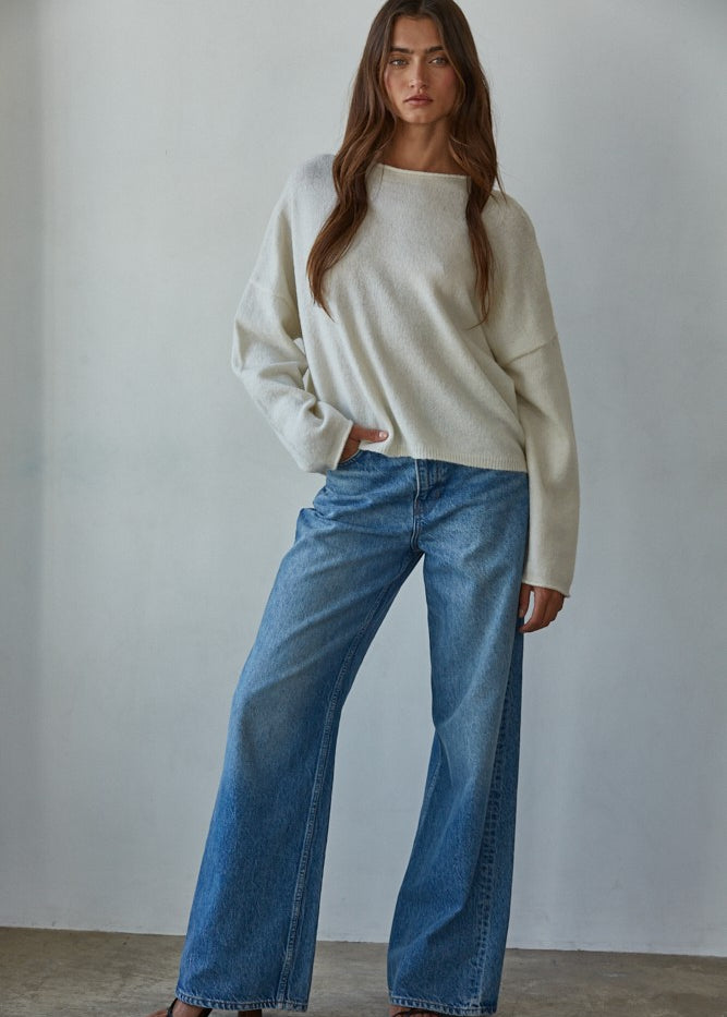 Piper soft knit crew sweater in off white styled in a full outfit, front view
