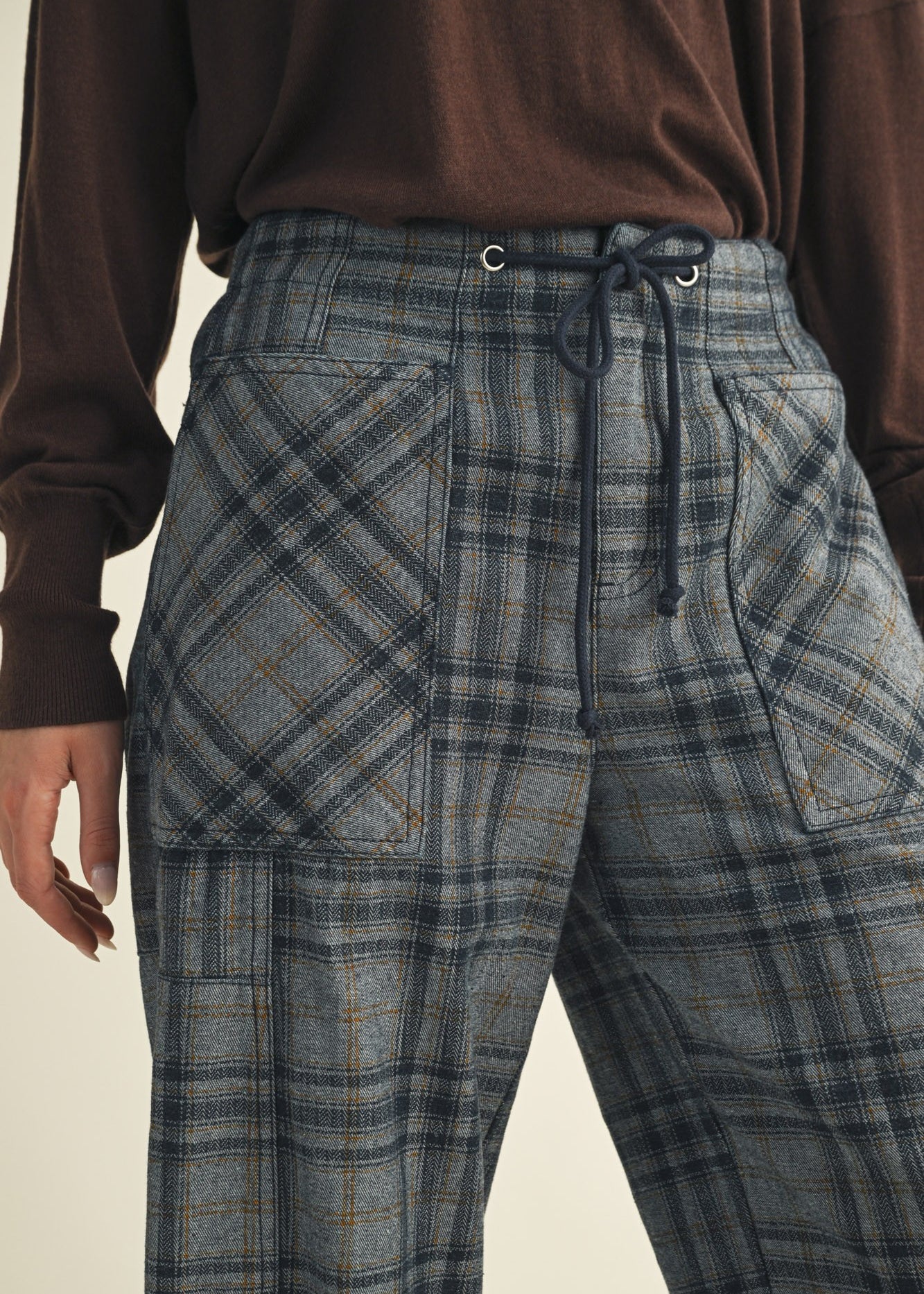 Front view of Nice Choice pull-on plaid pants showing elastic waistband and plaid denim fabric