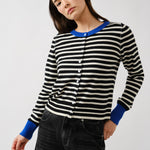 Front view of Porta striped cardigan sweater with button-down closure