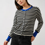 Front view of Porta striped cardigan sweater with button-down closure