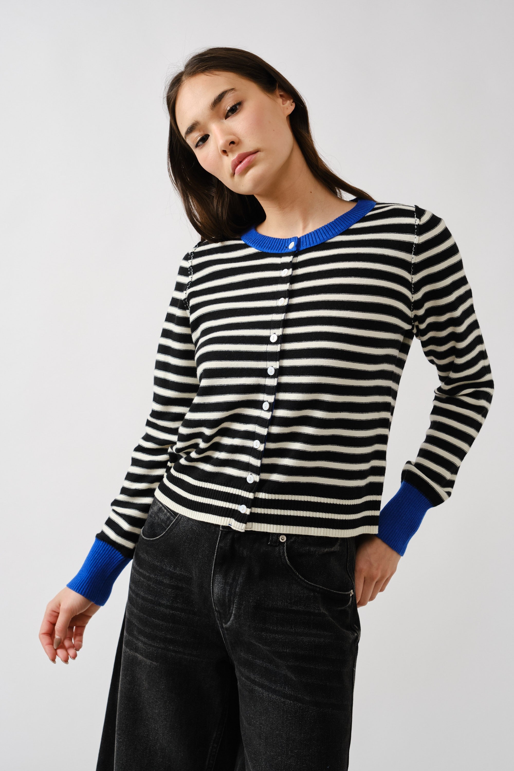 Front view of Porta striped cardigan sweater with button-down closure