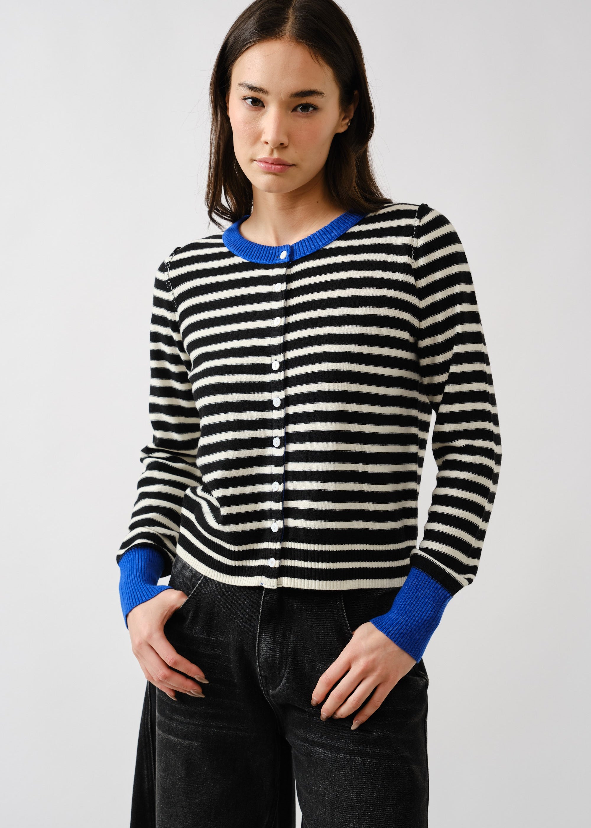 Porta striped button down cardigan sweater in black and off white with contrast cuffs