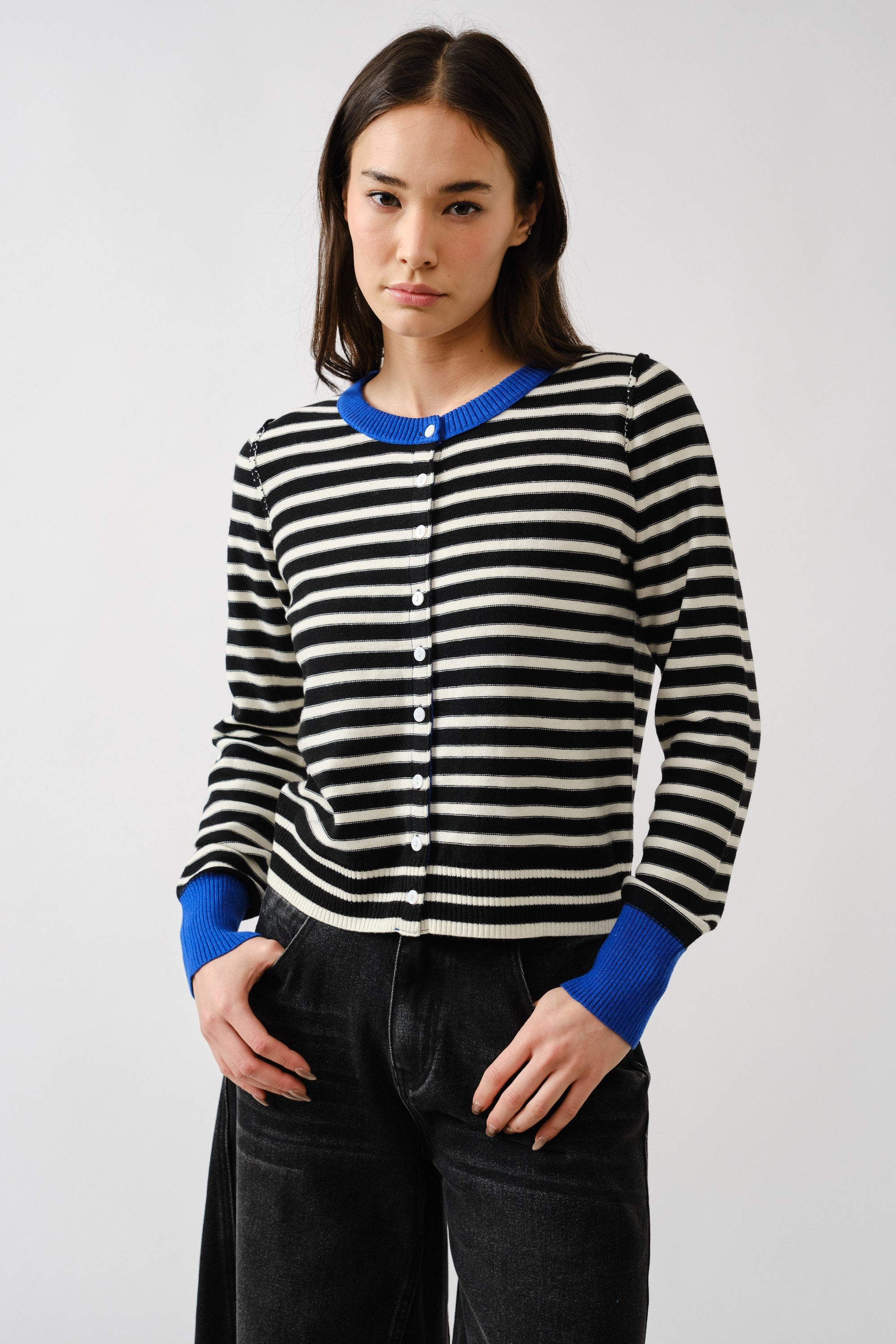Porta striped button down cardigan sweater in black and off white with contrast cuffs