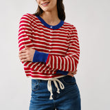Front view of Porta striped cardigan sweater with button-down closure