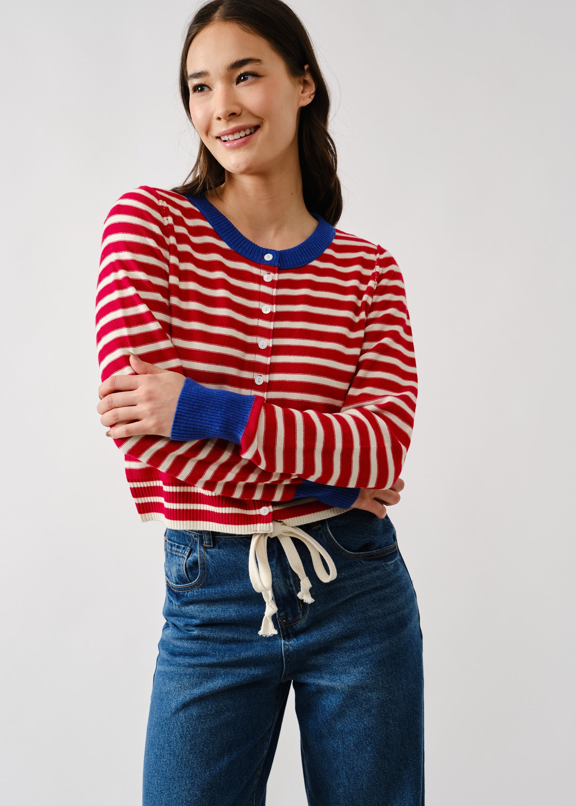 Front view of Porta striped cardigan sweater with button-down closure