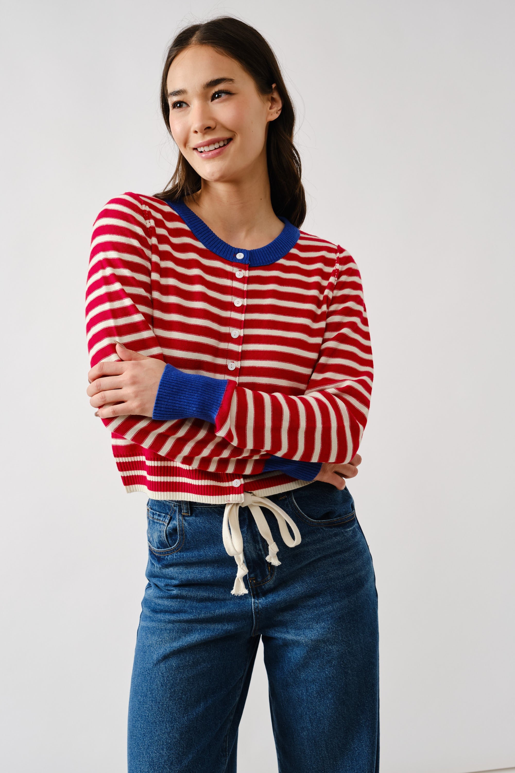 Front view of Porta striped cardigan sweater with button-down closure