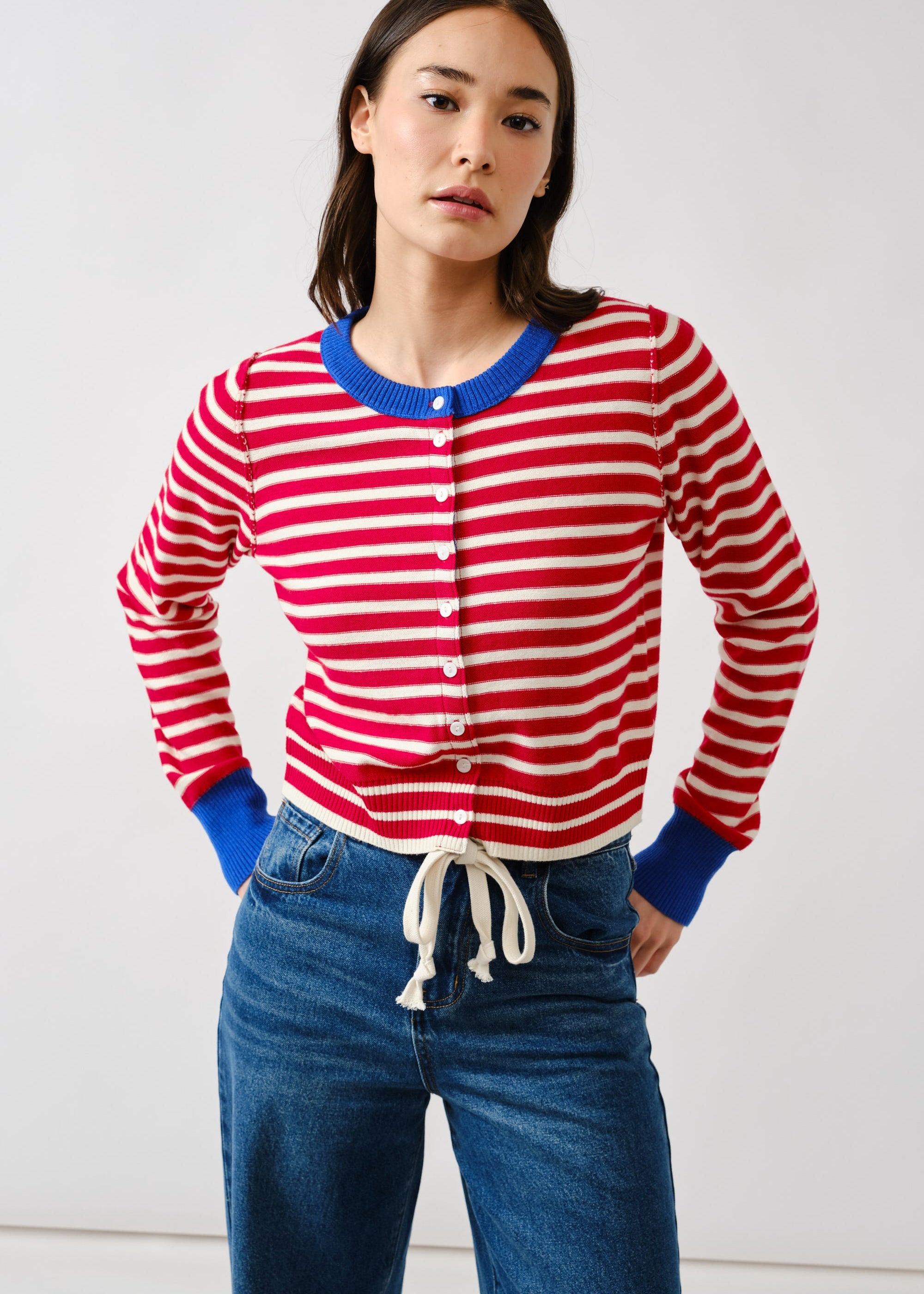 Porta striped button down cardigan sweater in red and off white with contrast cuffs