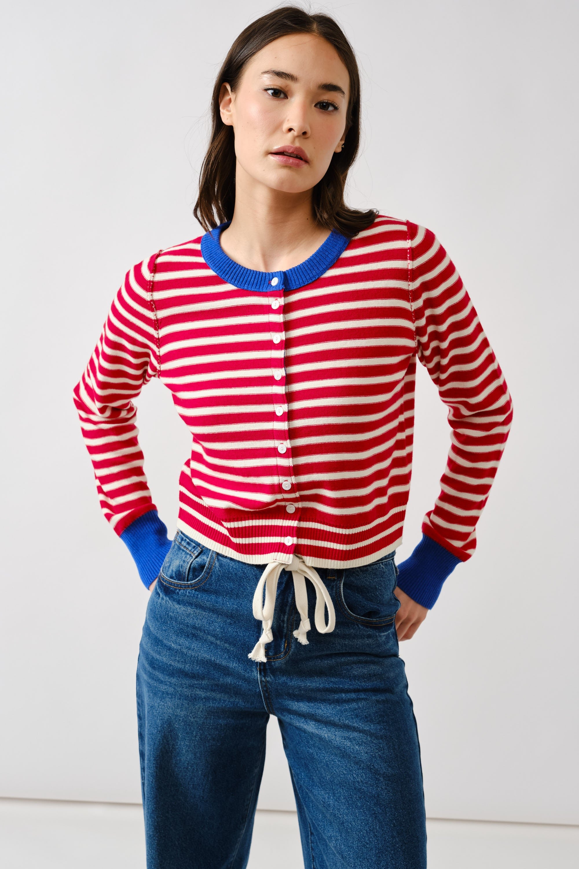 Porta striped button down cardigan sweater in red and off white with contrast cuffs