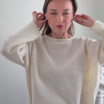 Try-on video of the Piper soft knit crew sweater in off white showing fit and movement