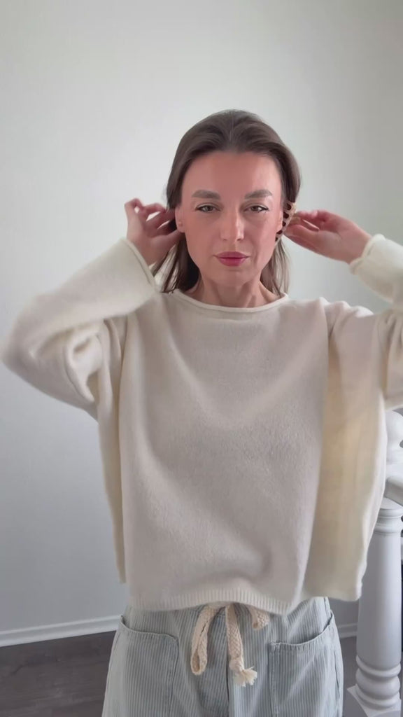 Try-on video of the Piper soft knit crew sweater in off white showing fit and movement