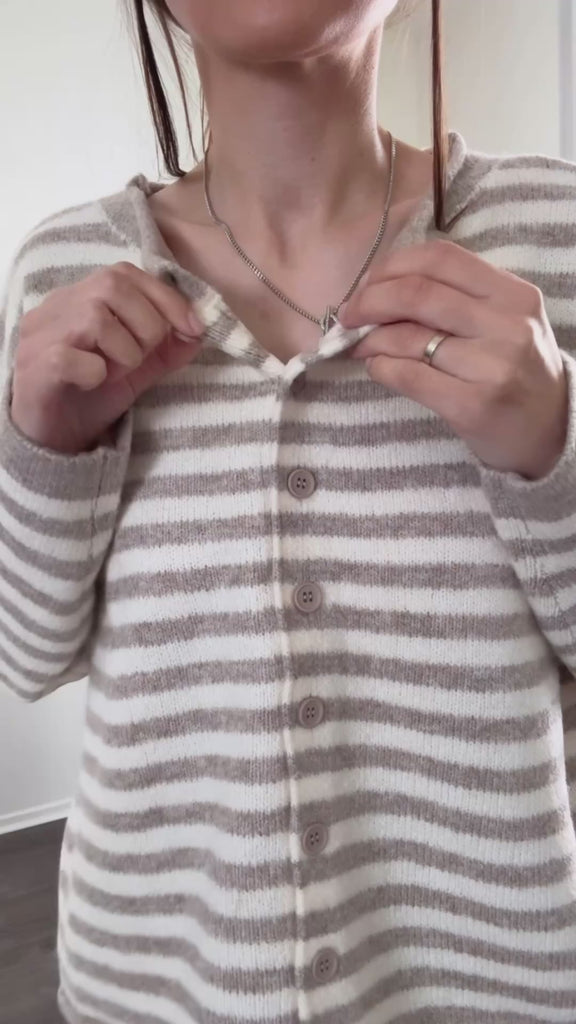 Try-on video of Hailey Button Down Cardigan in Taupe/Ivory