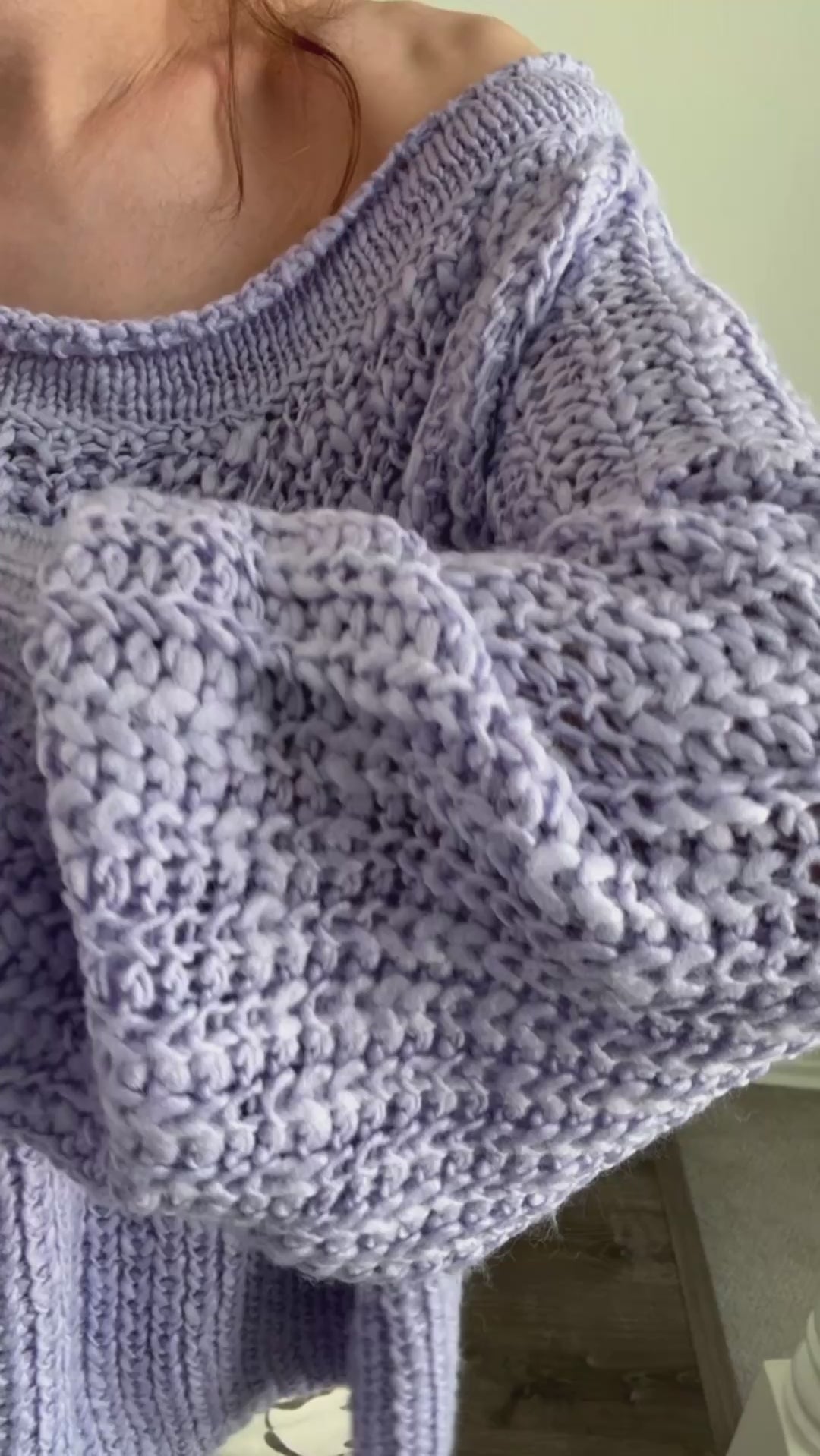 Try-on video of SoftSpun textured boatneck sweater in lavender showing relaxed fit and off-shoulder styling