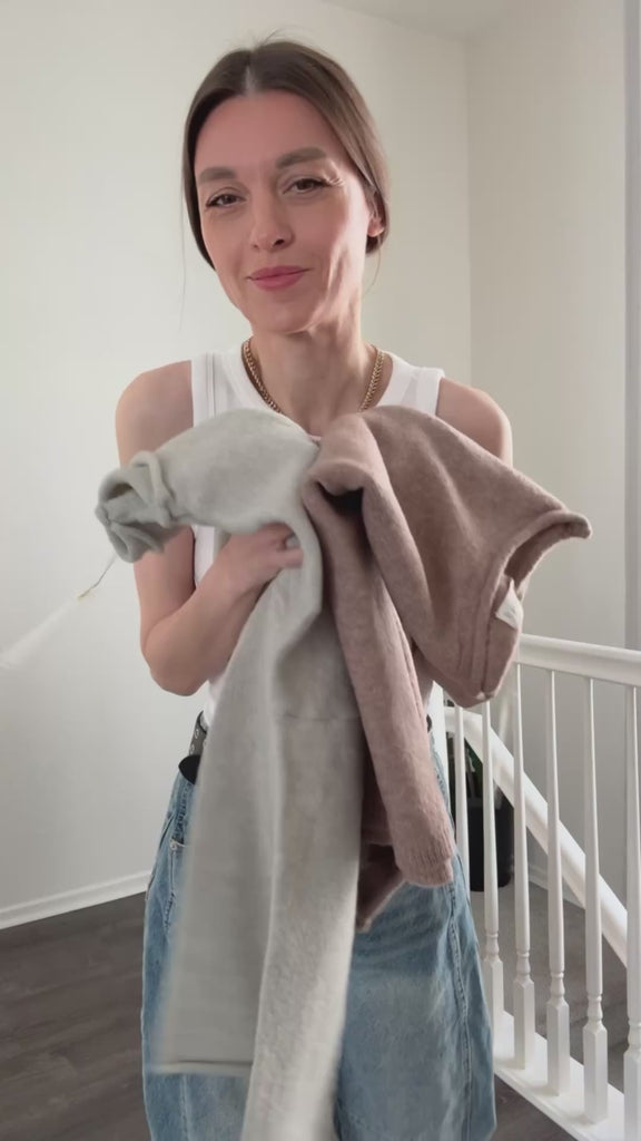 Try-on video of the Piper soft knit crew sweater in heather grey showing fit and movement