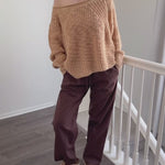 Model wearing Hallie Pinstripe Wide Leg Pants in Chocolate try-on video