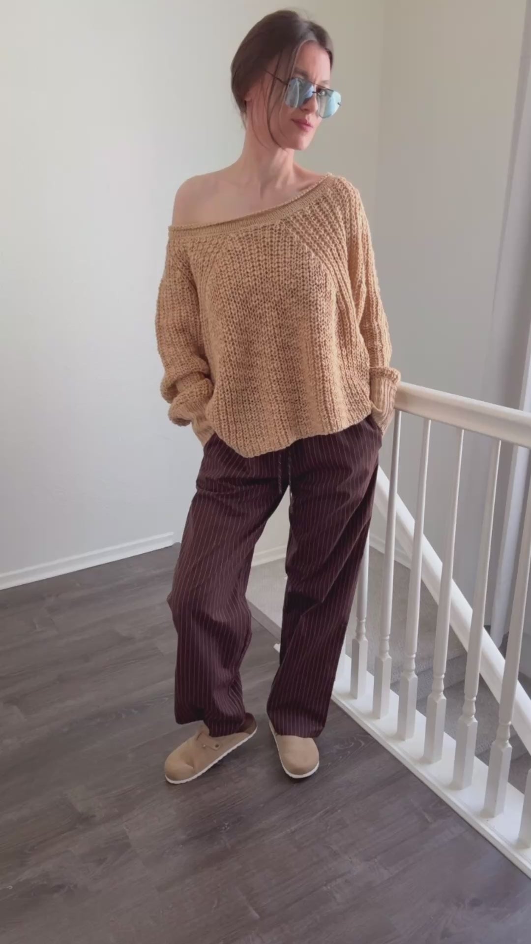 Model wearing Hallie Pinstripe Wide Leg Pants in Chocolate try-on video