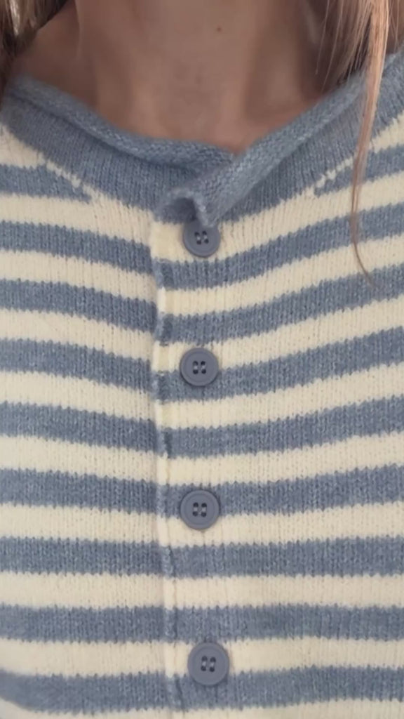 Try-on video of Hailey Button Down Cardigan in blue and ivory showing fit and movement
